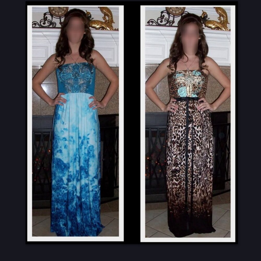 One-of-a-kind maxi dresses with beautifully embellished cross pattern on bodice